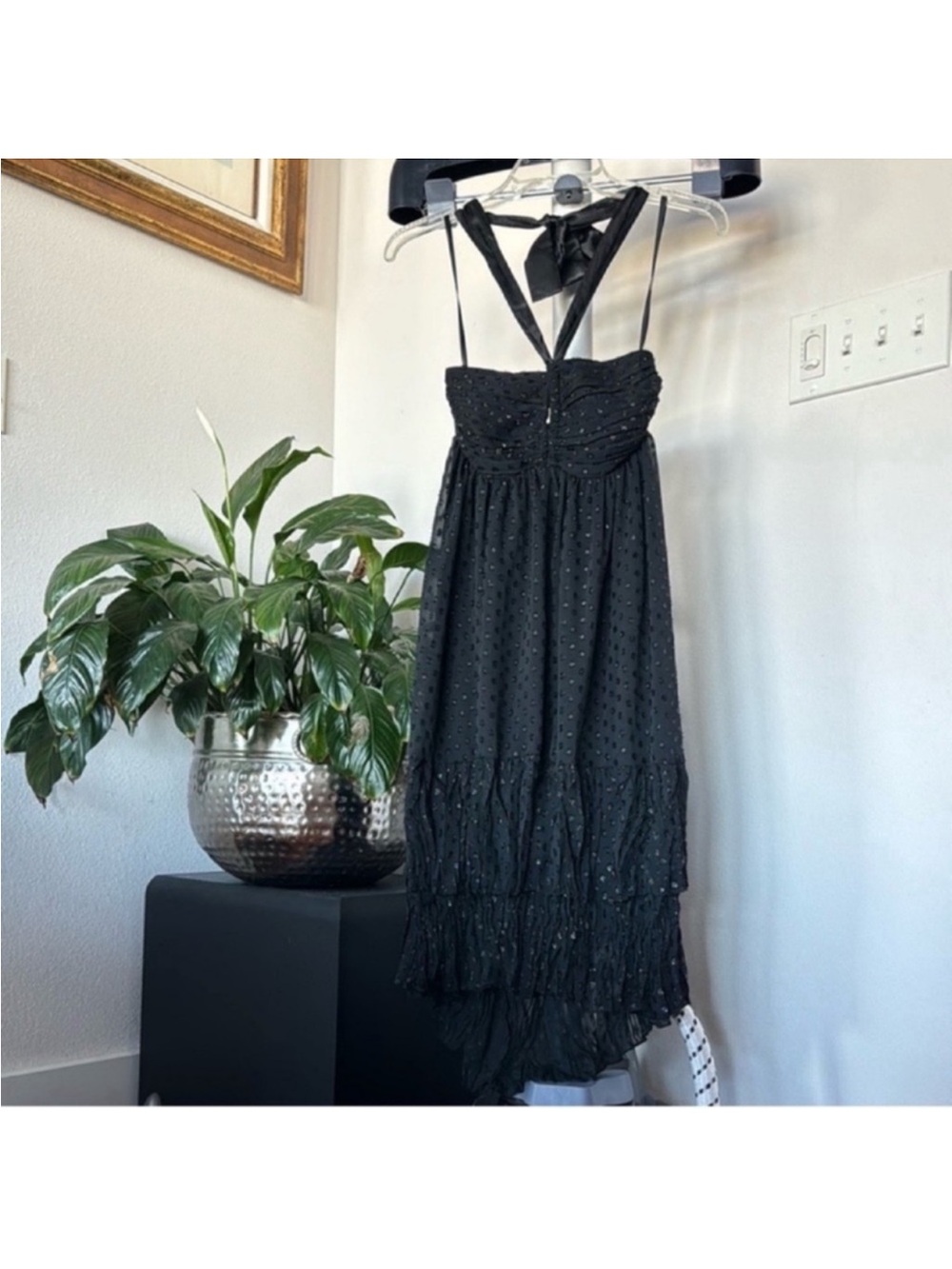 H&M Babydoll Chiffon Satin Halter Sparkly polka dot Dress Sz 4/S/XS Black Party